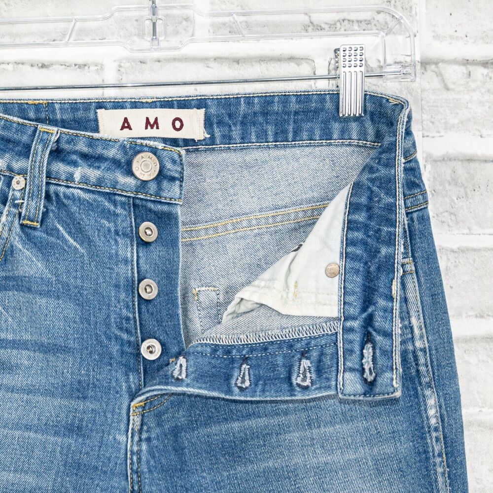 AMO Denim Lover Slim High-Rise Jeans Chewed Hem Blue knockout Size 27 - Picture 2 of 11